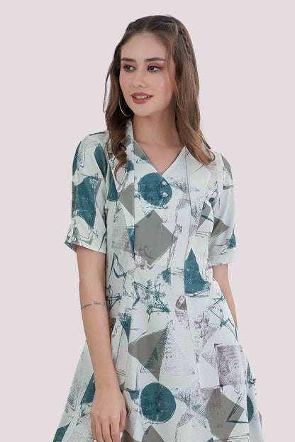 Teal Geometric Printed Fit & Flare Midi Dress