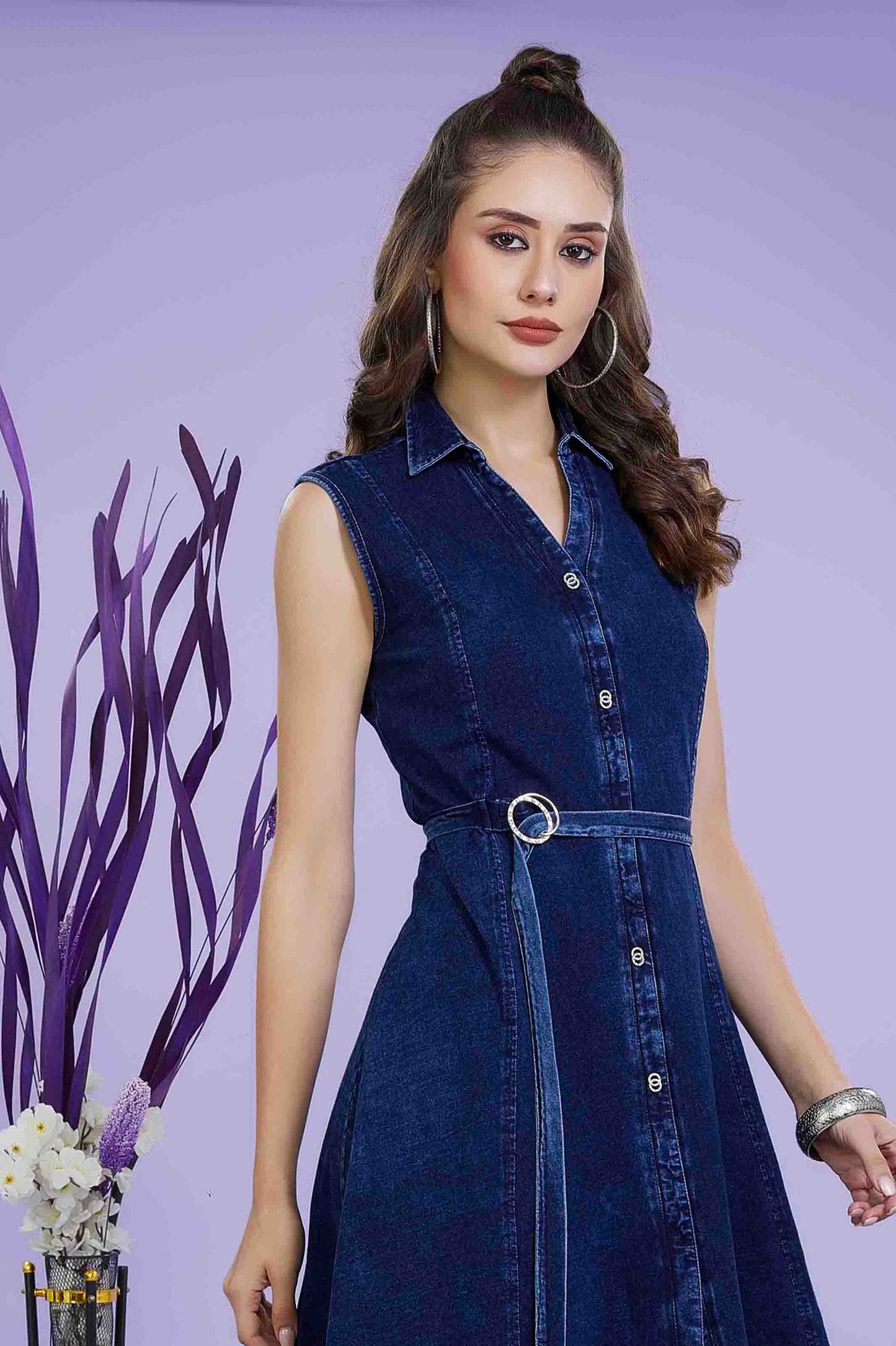 Dark Blue Sleeveless Denim Shirt Dress with Belt