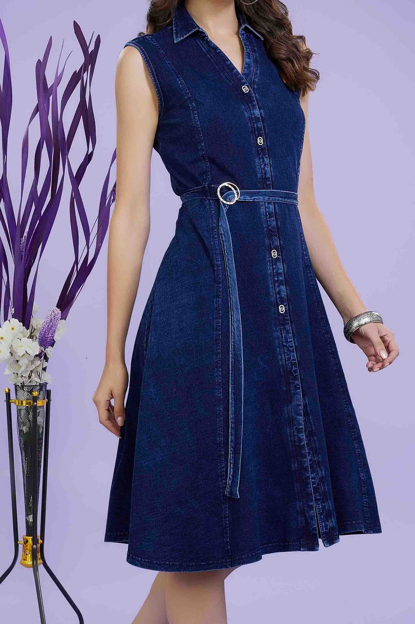 Dark Blue Sleeveless Denim Shirt Dress with Belt
