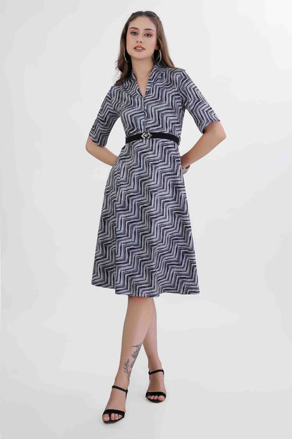 Zigzag Print Black & Grey Midi Dress with Designer Belt