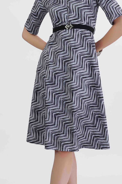Zigzag Print Black & Grey Midi Dress with Designer Belt