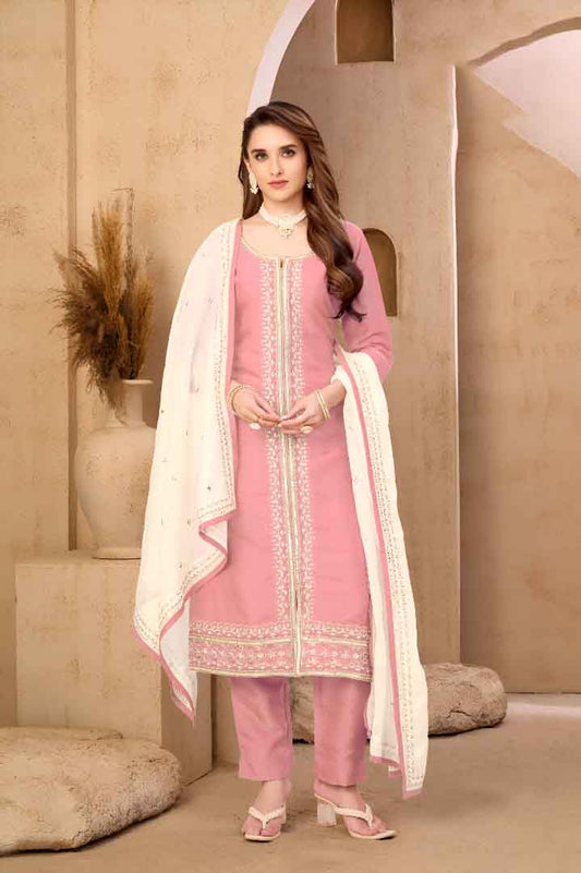 Dusty Pink Embroidered Suit Set with Ivory Dupatta