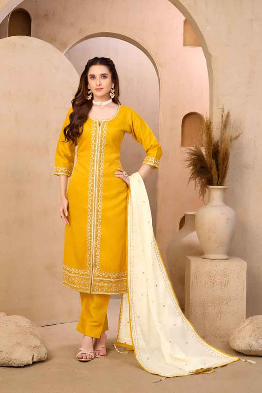 Yellow Embroidered Straight Suit Set with Dupatta