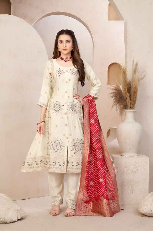 Beige Embroidered Suit Set with Red Banarasi Dupatta