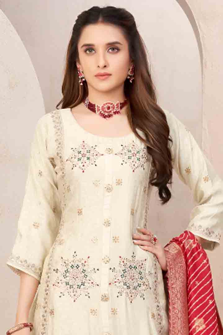 Beige Embroidered Suit Set with Red Banarasi Dupatta