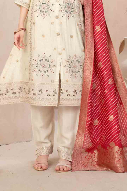 Beige Embroidered Suit Set with Red Banarasi Dupatta