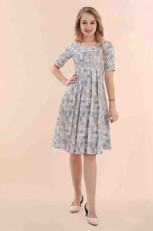 Pastel Check Printed Skater Midi Dress with Pleated Front