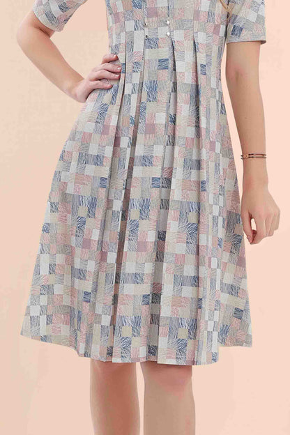 Pastel Check Printed Skater Midi Dress with Pleated Front