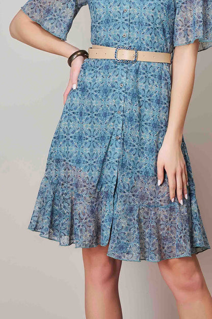 Blue Printed Flared Midi Dress with Belt & Frill Hem