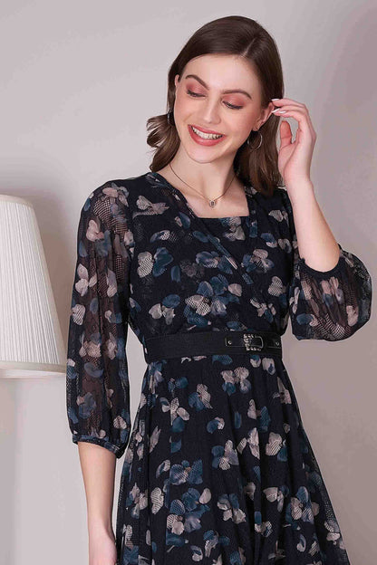 Black Floral Flared Mini Dress with Belt & Layered Hem