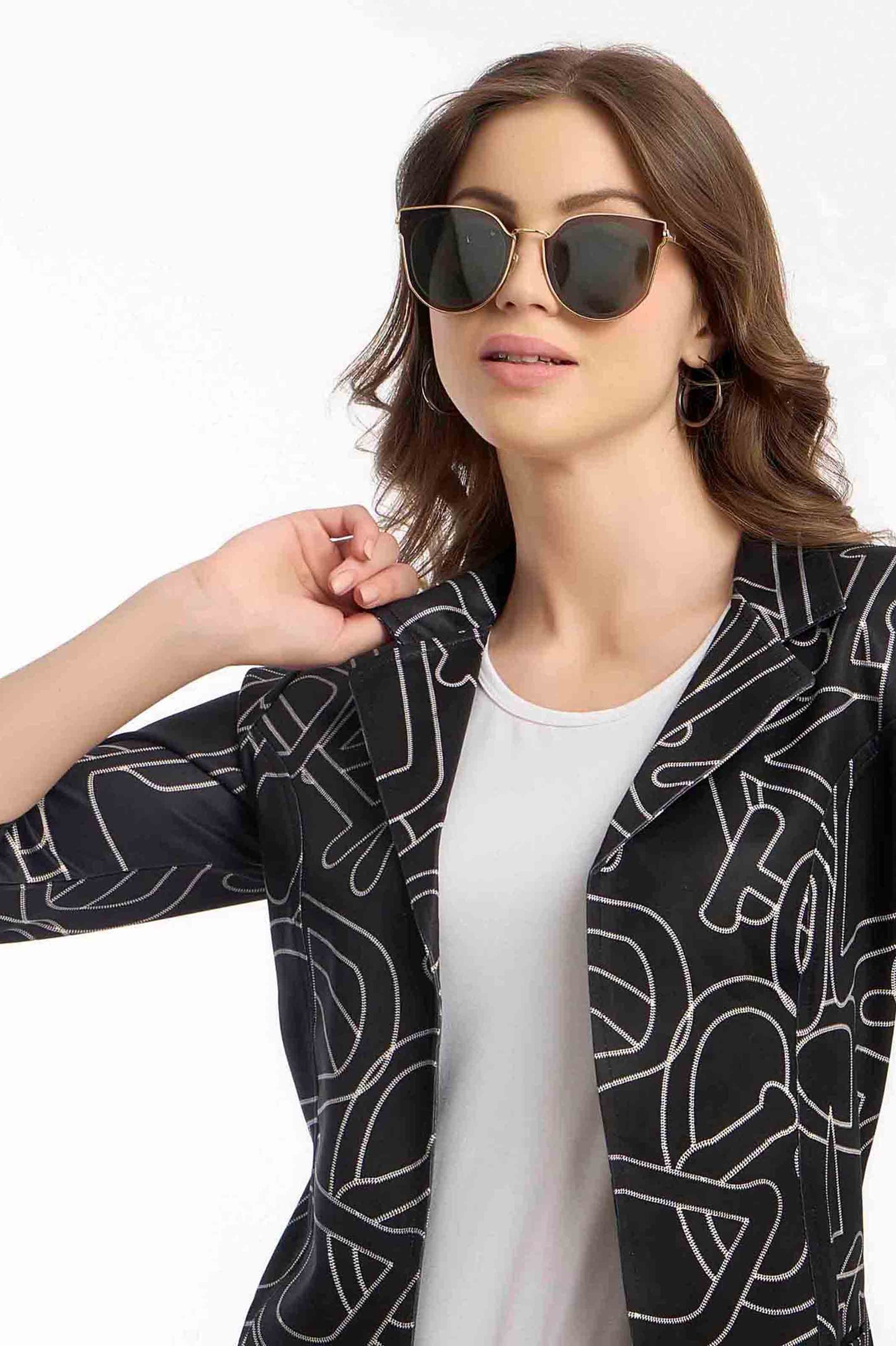 Women's Black Abstract Print Casual Blazer Jacket