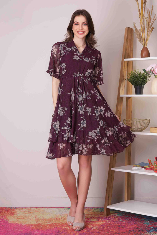 Wine Floral Flared Mini Dress with Drawstring Waist & Ruffle Hem