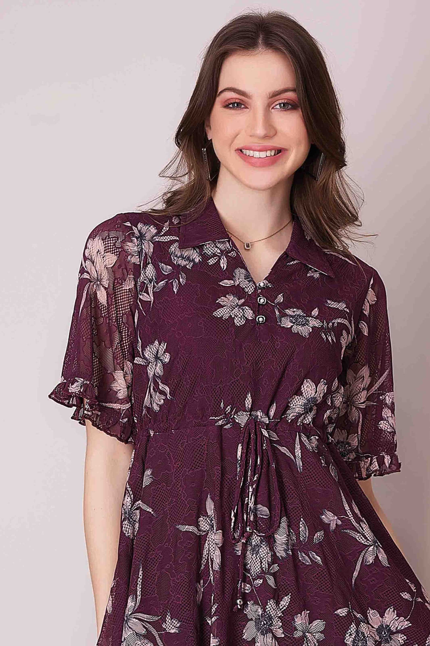 Wine Floral Flared Mini Dress with Drawstring Waist & Ruffle Hem