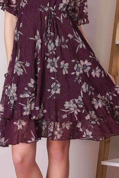 Wine Floral Flared Mini Dress with Drawstring Waist & Ruffle Hem