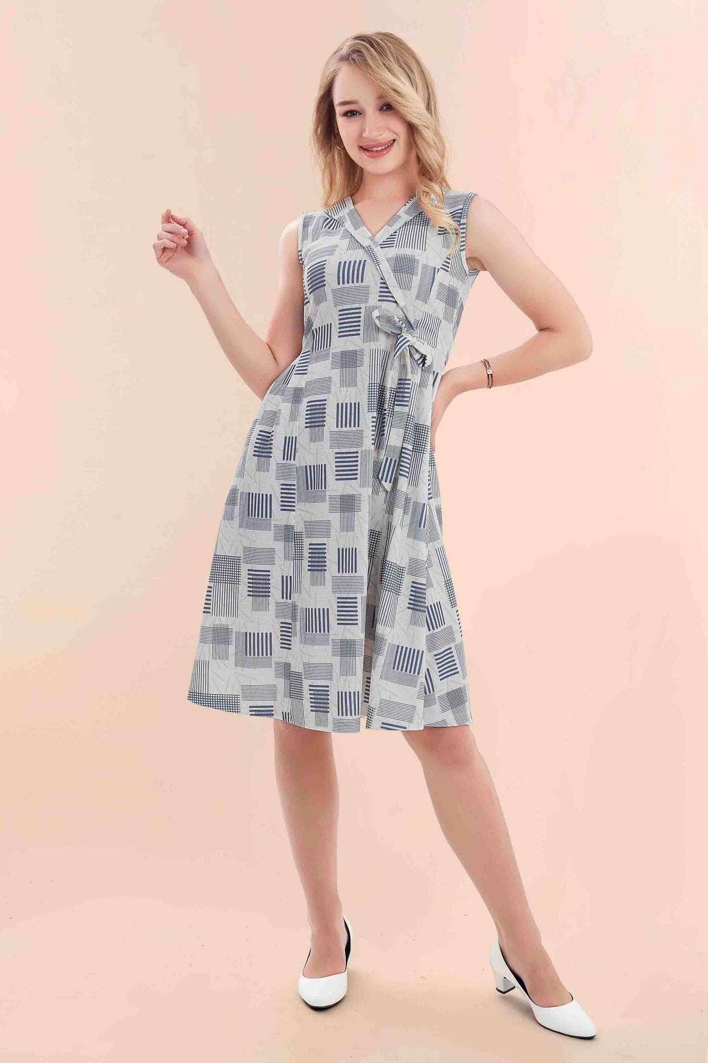 Grey Abstract Wrap Style A-Line Dress
