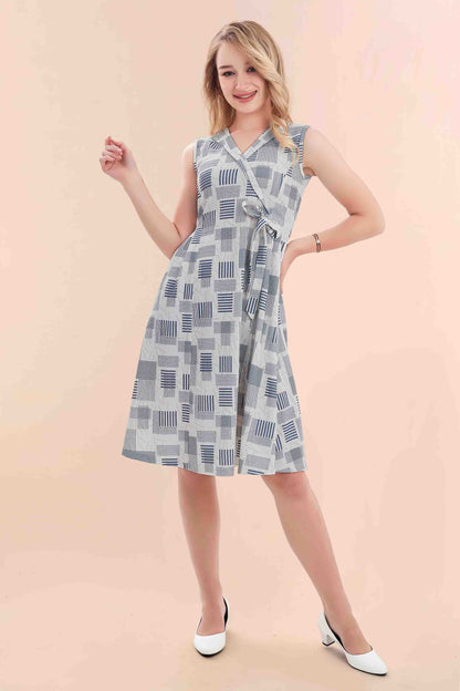 Grey Abstract Wrap Style A-Line Dress
