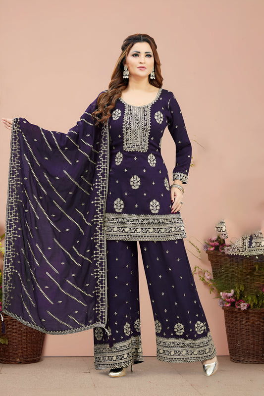Navy Blue Embroidered Palazzo Suit.