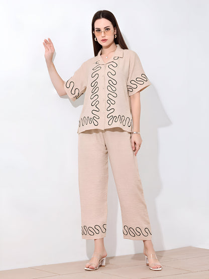 Beige Linen Co-ord Set with Black Accents