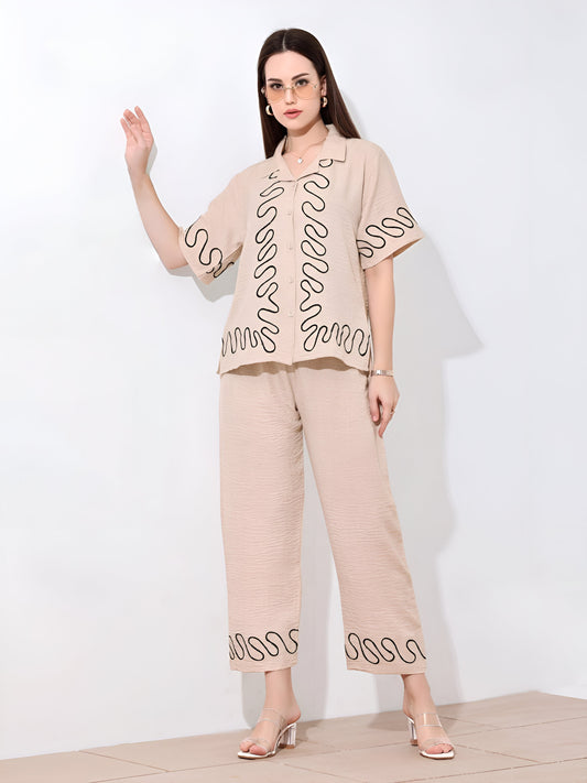 Beige Linen Co-ord Set with Black Accents