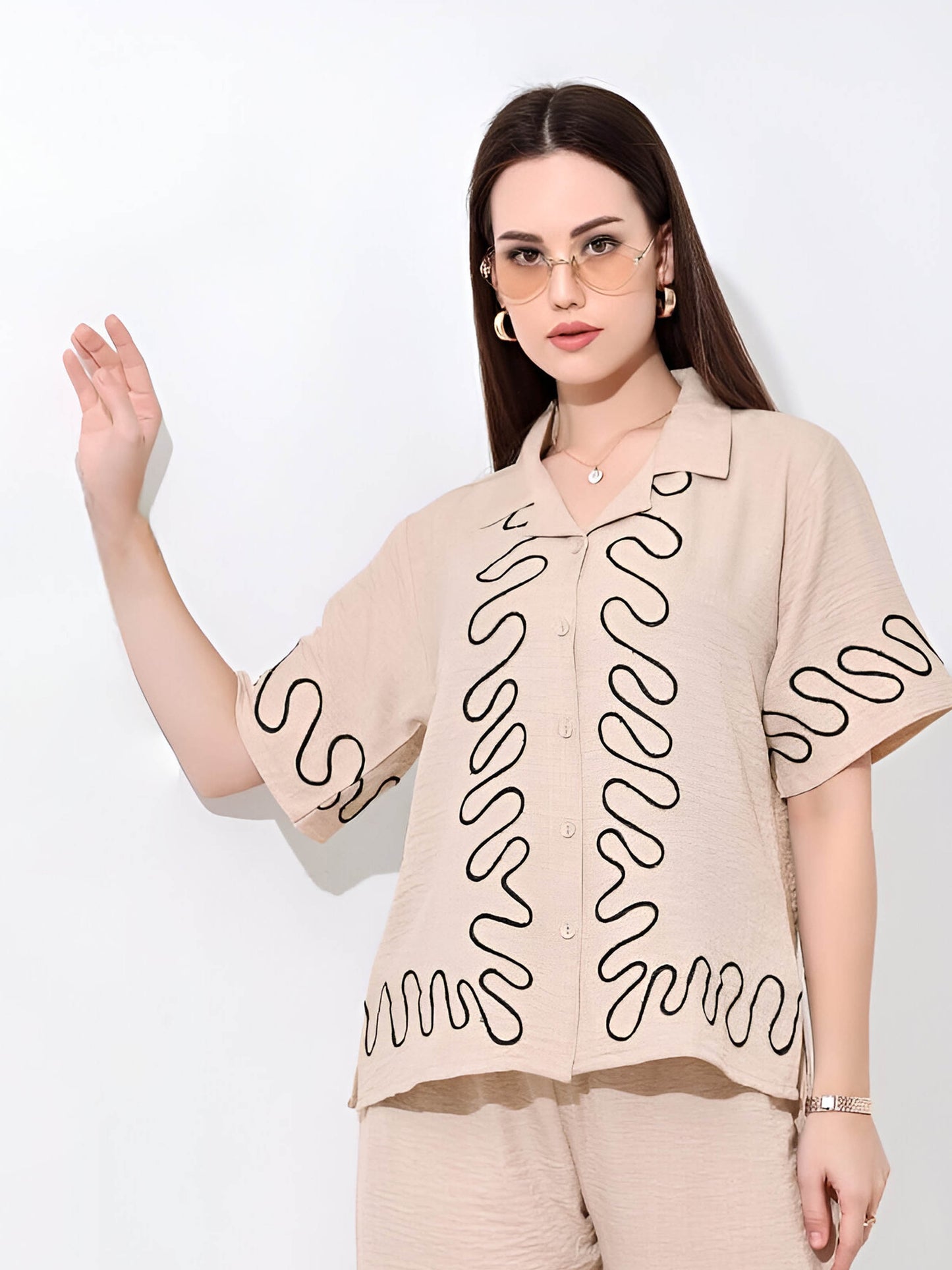 Beige Linen Co-ord Set with Black Accents