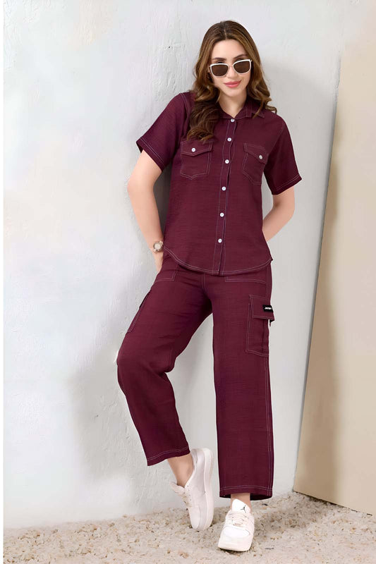Maroon Solid Co-ord Set with Cargo Pants in Linen