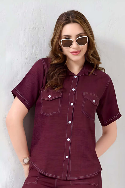 Maroon Solid Co-ord Set with Cargo Pants in Linen