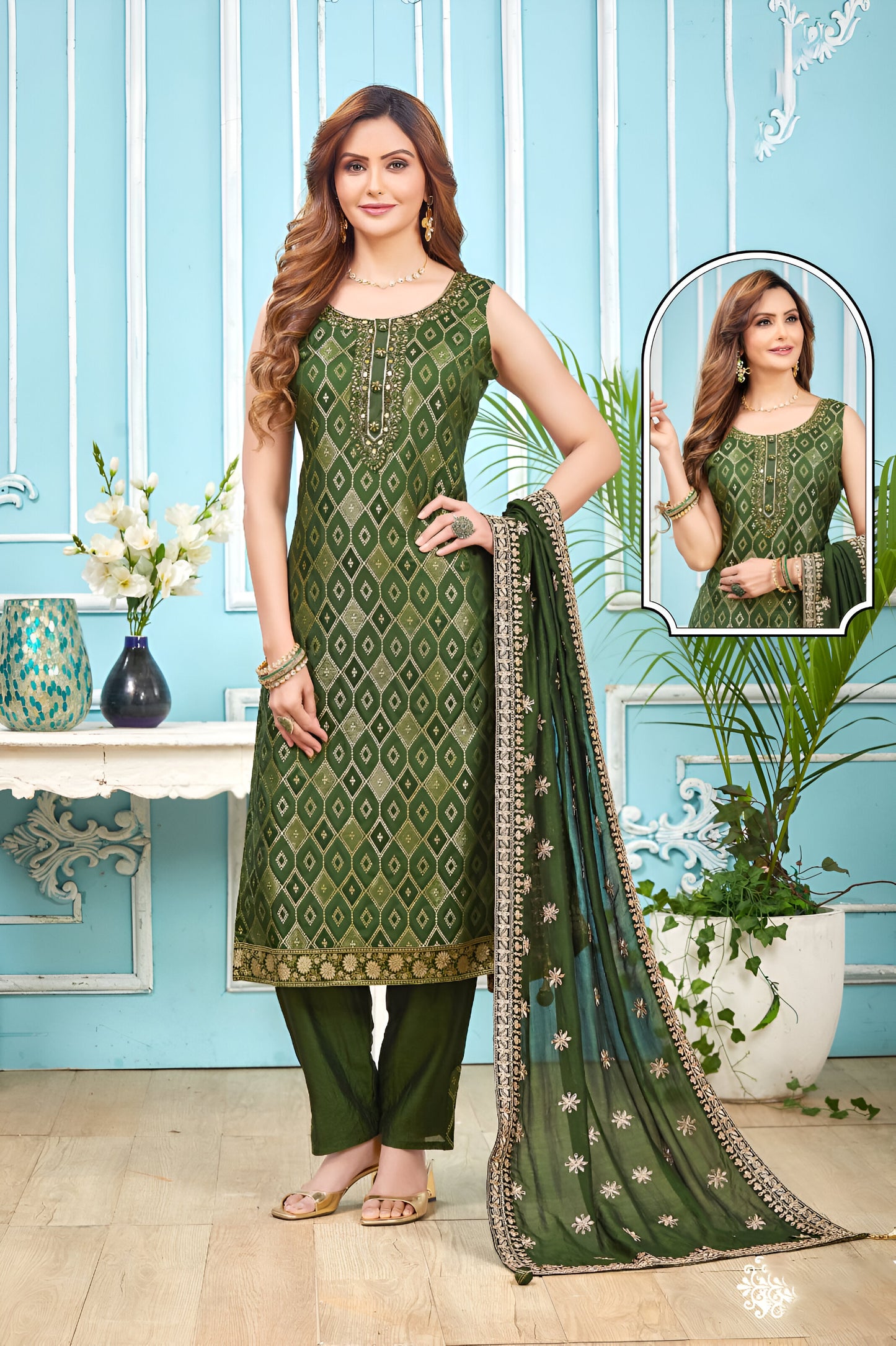 Olive green Embroidered Salwar Suit
