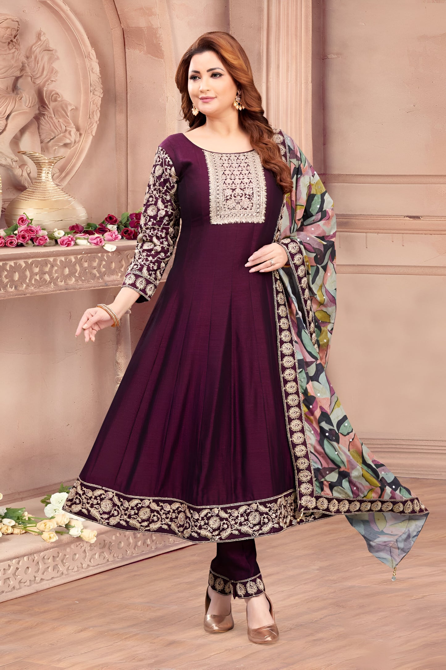 Wine Embroidered Anarkali Suit with Printed Dupatta