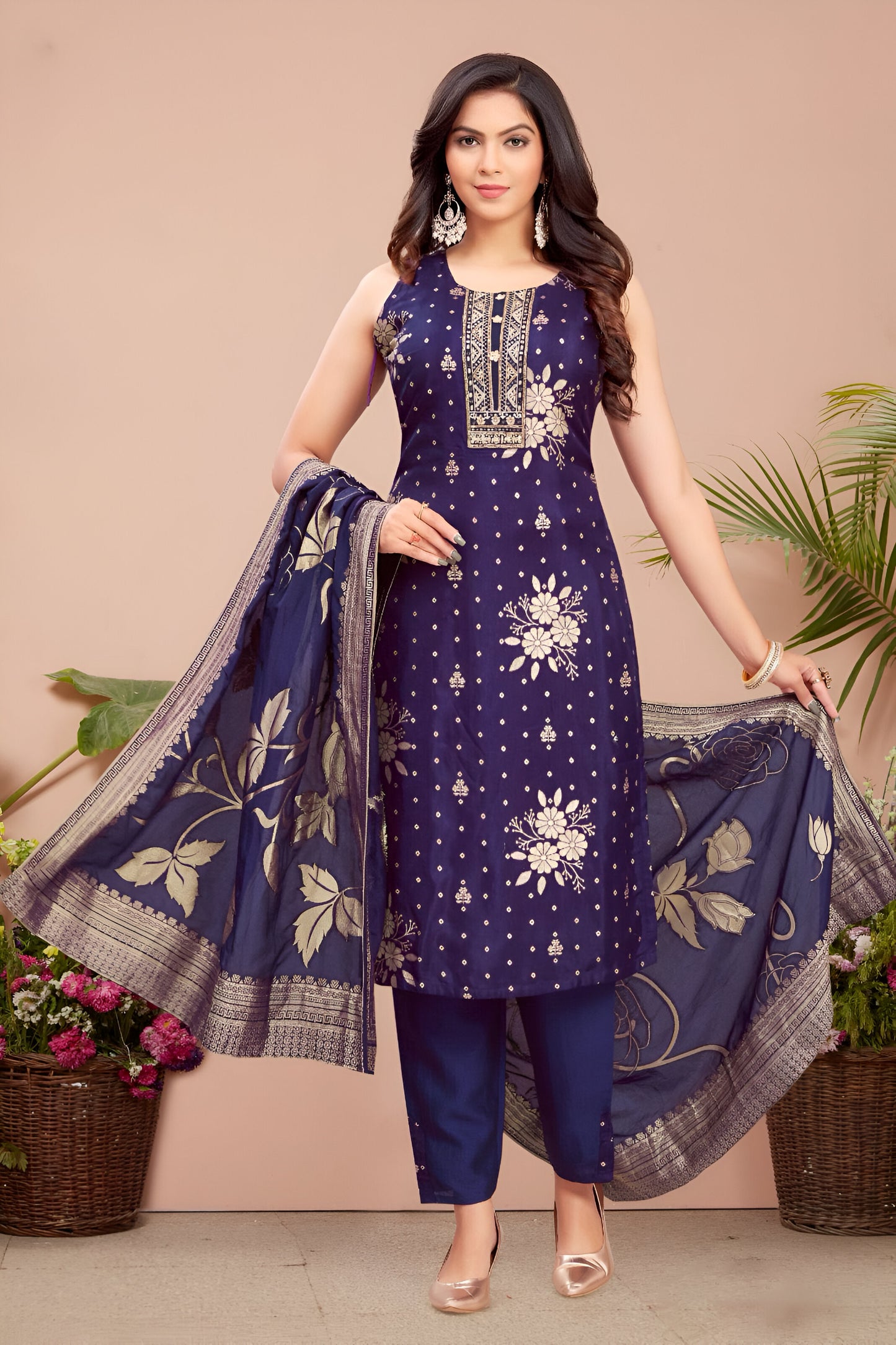 Navy Blue Printed Suit with Gold Accents.