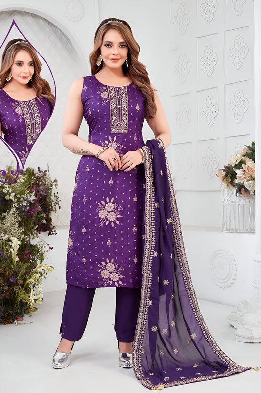 Purple Embroidered Suit with Dupatta.