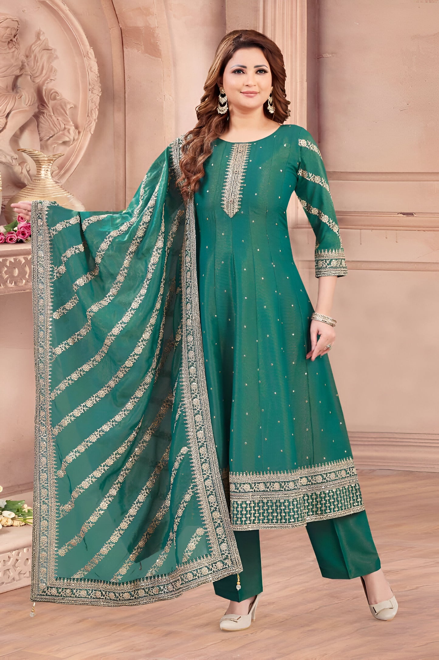 Teal Green Embroidered Suit with Striped Dupatta.