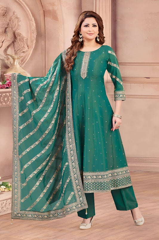 Teal Green Embroidered Suit with Striped Dupatta.