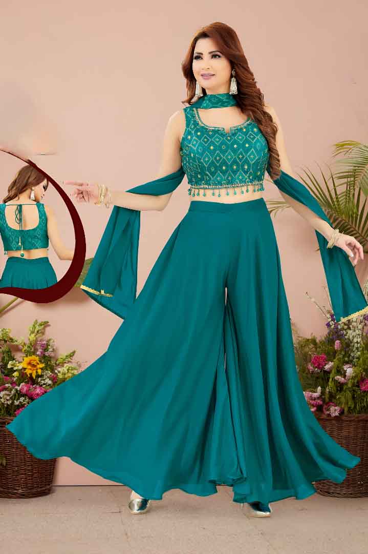 Teal Blue Embroidered Set with Palazzo & Dupatta