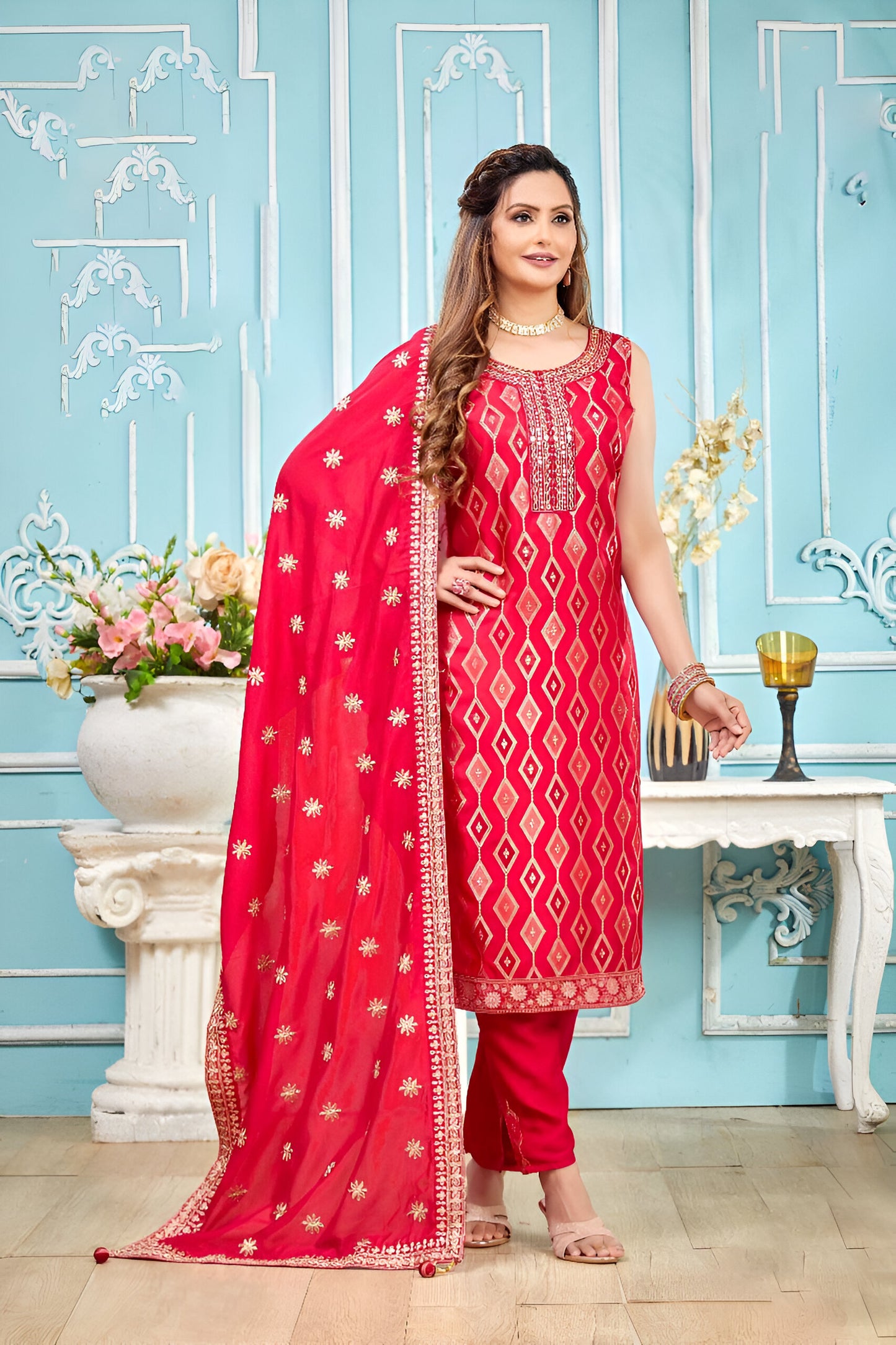 Red Embroidered Salwar Suit
