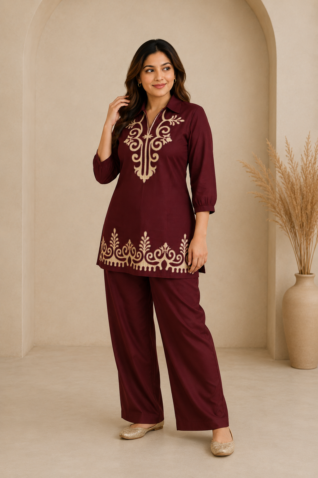 Elegant Wine Embroidered Co-Ord Set