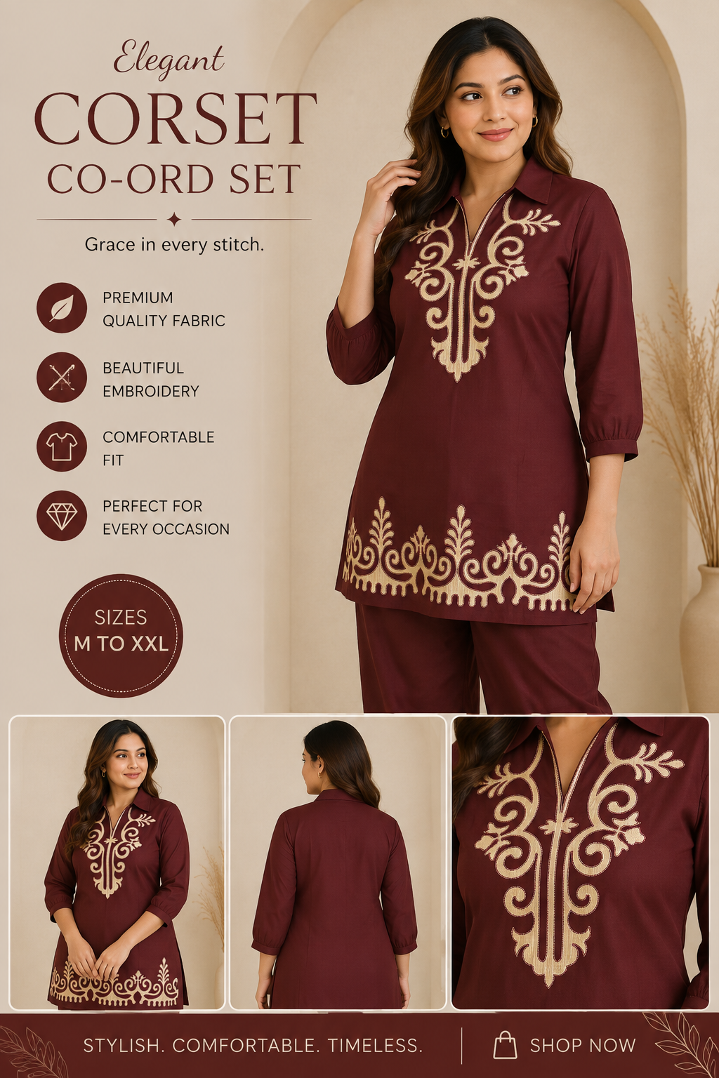 Elegant Wine Embroidered Co-Ord Set