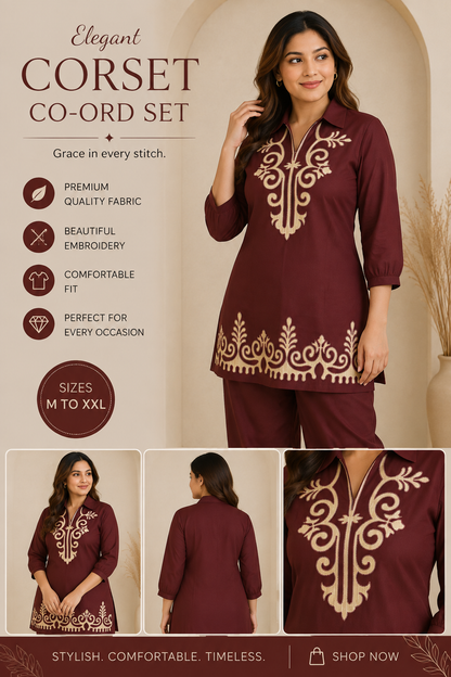 Elegant Wine Embroidered Co-Ord Set