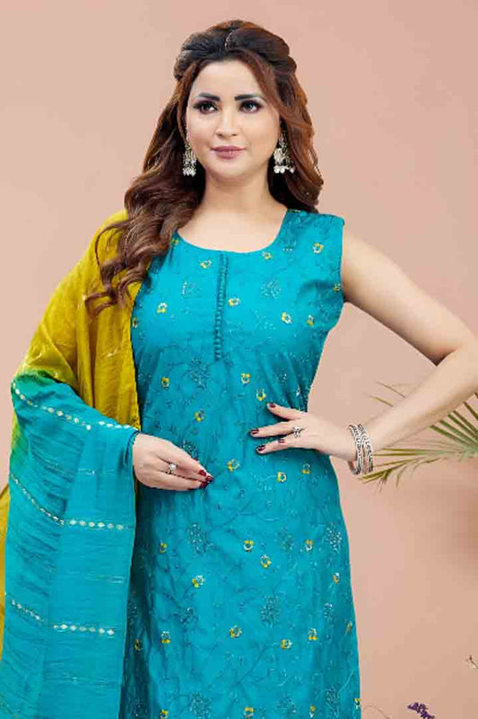 Blue Kurta Set with Dual-Tone Dupatta