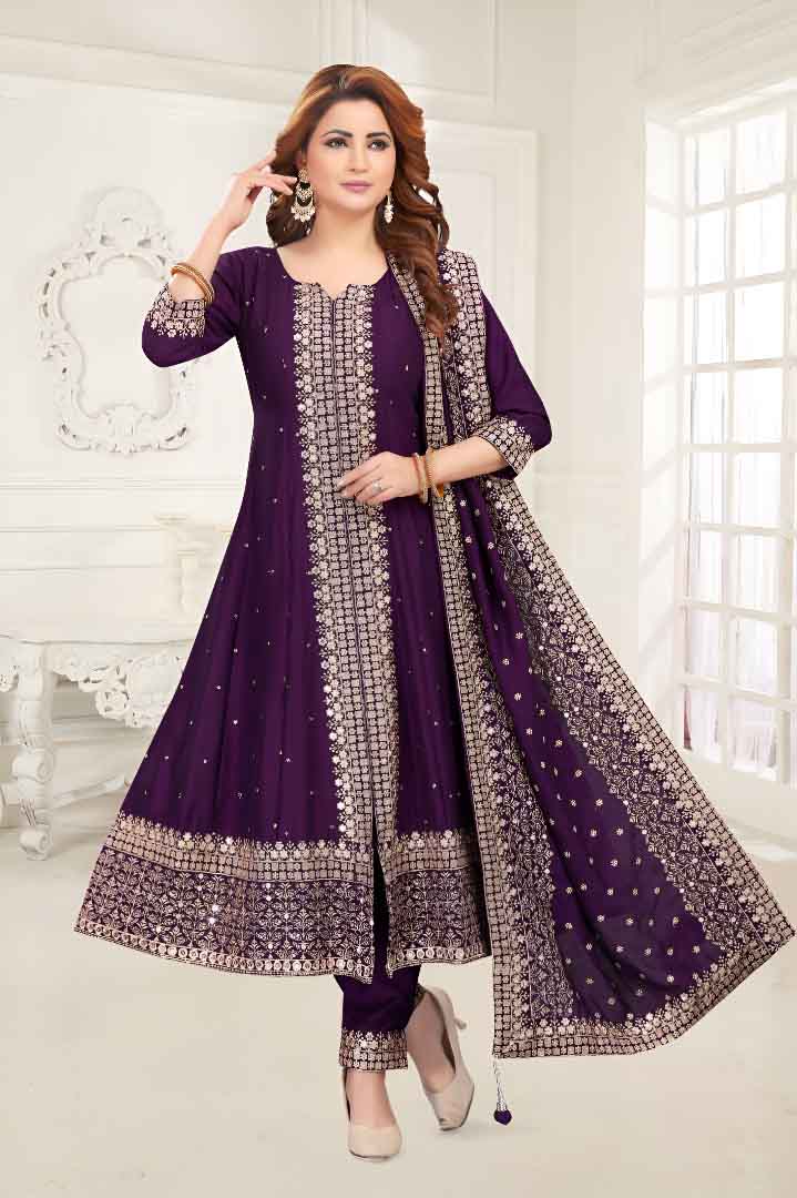 Purple Anarkali Suit with Heavy Mirror Work and Embroidered Dupatta