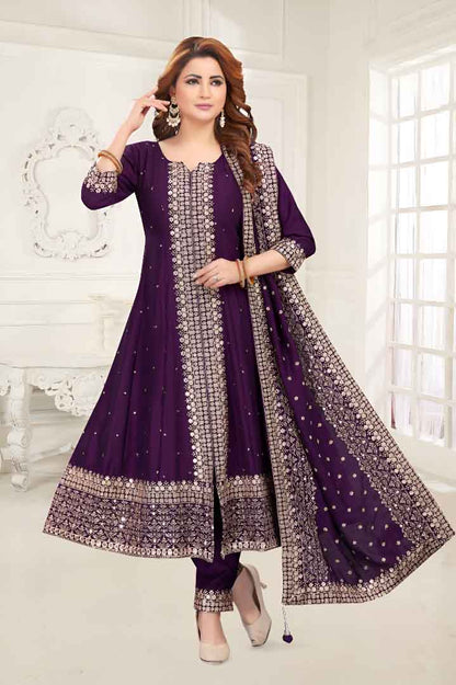 Purple Anarkali Suit with Heavy Mirror Work and Embroidered Dupatta