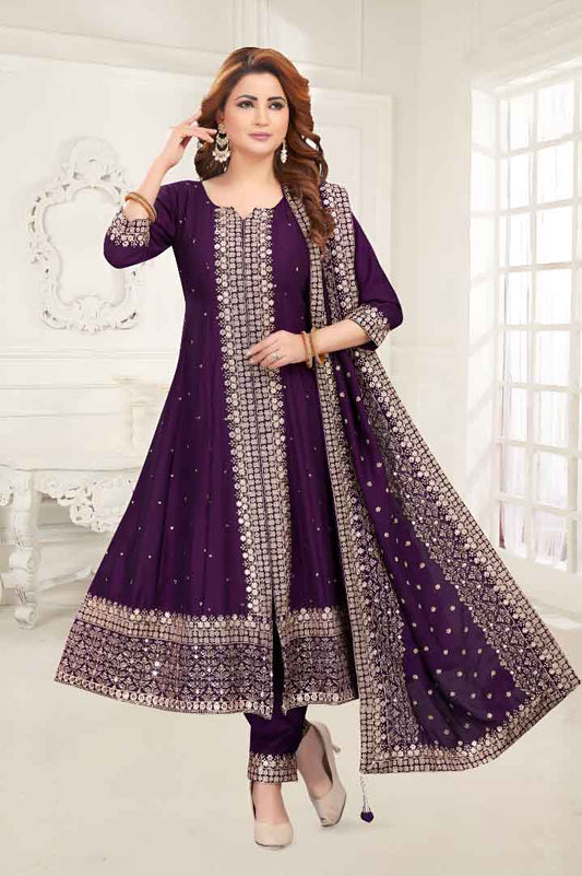 Purple Anarkali Suit with Heavy Mirror Work and Embroidered Dupatta