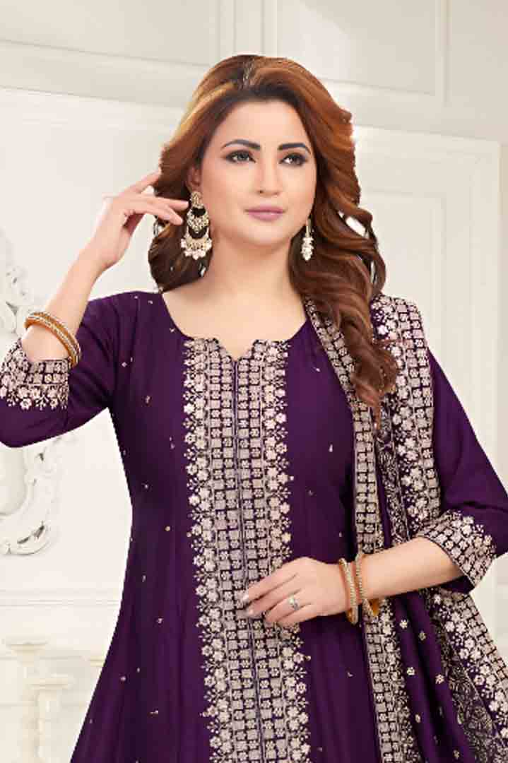 Purple Anarkali Suit with Heavy Mirror Work and Embroidered Dupatta
