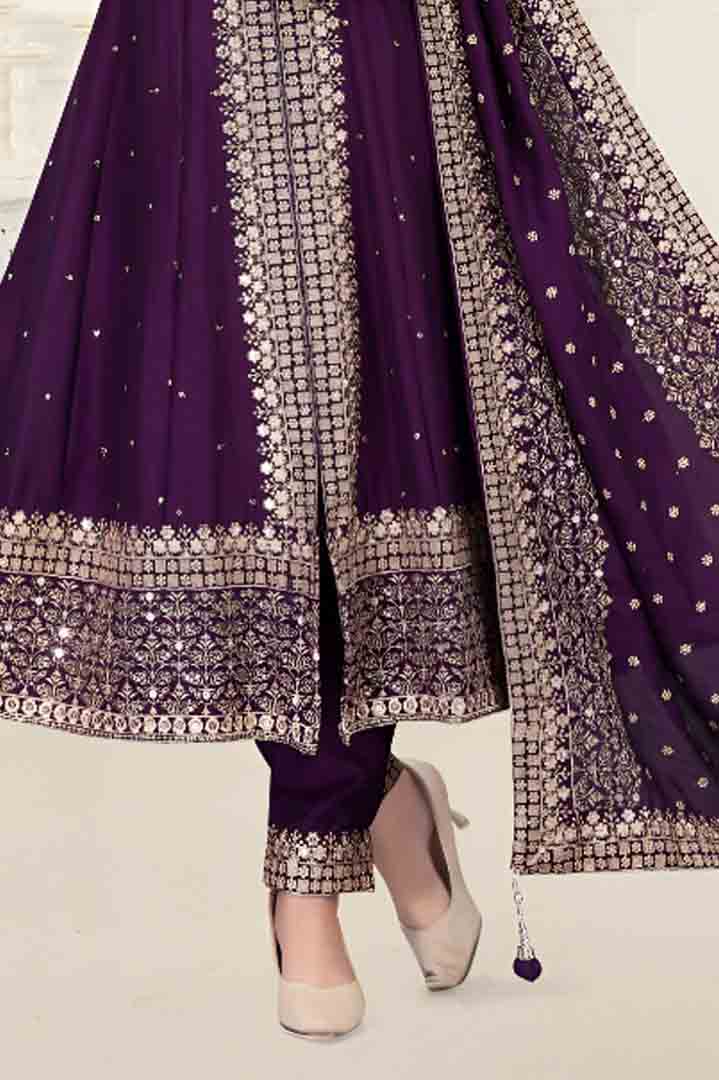 Purple Anarkali Suit with Heavy Mirror Work and Embroidered Dupatta