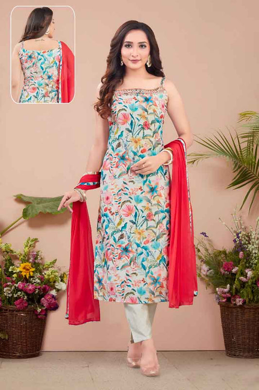 Floral Multicolor Straight Kurta Set with Red Dupatta
