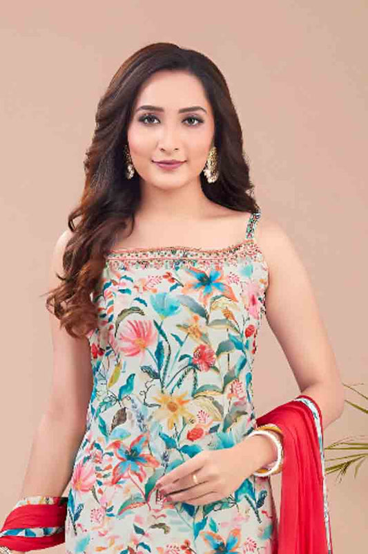 Floral Multicolor Straight Kurta Set with Red Dupatta