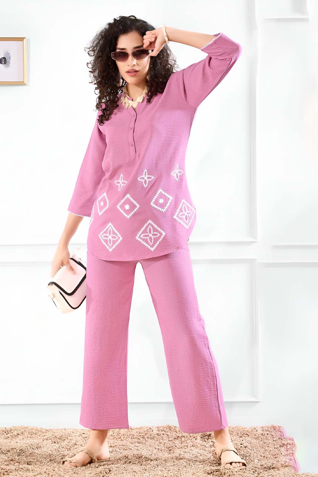 Pink Embroidered Co-ord Set in Premium Linen