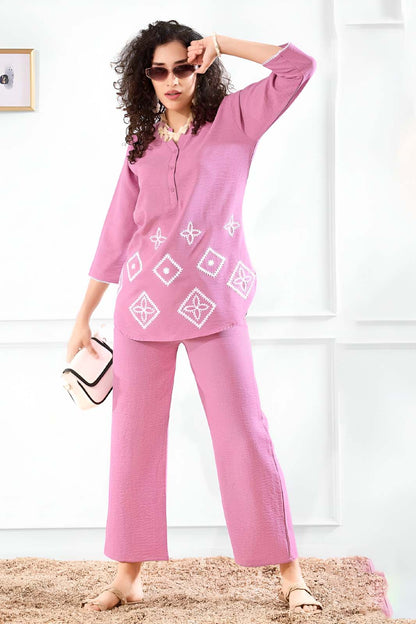 Pink Embroidered Co-ord Set in Premium Linen