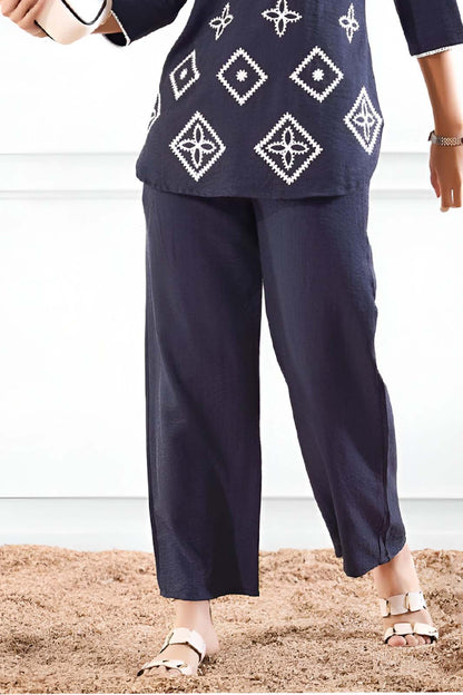 Navy Blue Embroidered Co-ord Set in Premium Linen