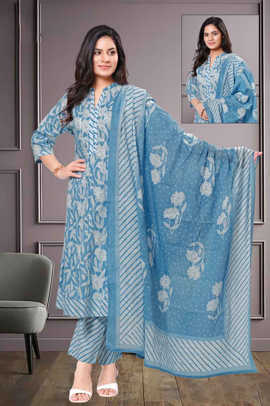 Blue Printed Cotton Kurti Suit with Floral Dupatta
