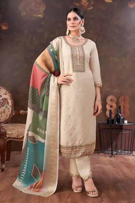 Beige Straight Suit with Multicolor Printed Dupatta